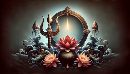 Fototapeta premium Trishul and Lotus with Diya Frame concept as Horizontal frame with a trishul on one side and a lotus flower with a diya on the other creating a serene and spiritual Dussehra themed copy space ideal fo