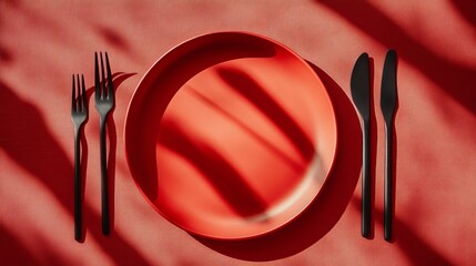 An empty round red plate and cutlery rest on a red tablecloth, creating an abstract food backdrop. The minimalist setup sets the scene for a stylish dinner party. 