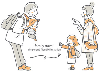 春のお出かけを楽しむ4人家族　シンプルでお洒落な線画イラスト