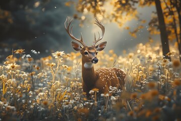 Fototapeta premium A fallow deer in the brown grass of a forested park