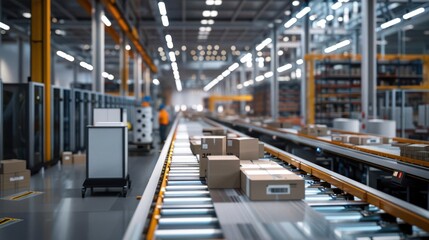 Naklejka premium Modern automated warehouse with packages on a conveyor belt, showcasing advanced logistics and inventory management systems.