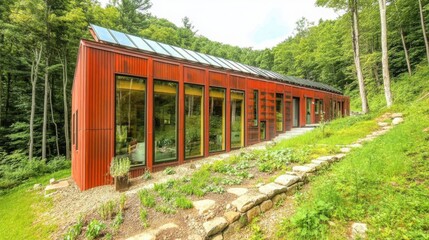 Sustainable Minimalist Eco-Home, featuring a serene rain garden, integrated energy-efficient systems, designed for harmonious living with nature and reducing environmental impact