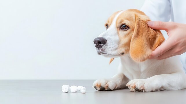 A dog taking monthly preventive medication for heartworm and intestinal parasites, veterinary medicine, prevention, multitargeted preventive treatments