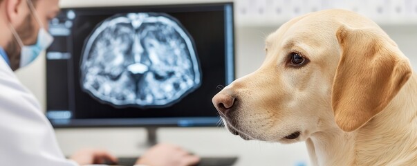 Closeup of a veterinarian reviewing MRI scans to diagnose a neurological disorder in a dog, veterinary diagnosis, imaging, advanced neuroimaging in veterinary diagnostics