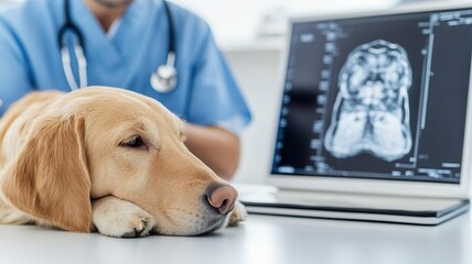 Closeup of a veterinary radiologist interpreting crosssectional images from a CT scan, veterinary treatment, imaging, specialized imaging analysis in veterinary care