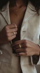 Elegant woman adjusting her stylish jacket while showcasing beautiful rings in soft lighting
