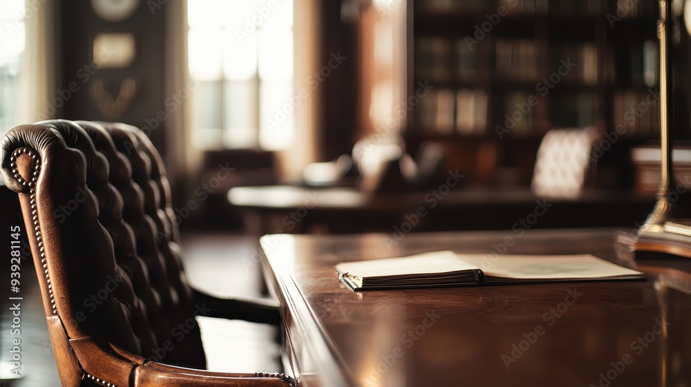 Wall mural A Close-Up of an Open Notebook on a Wooden Desk in a Luxurious Library Setting