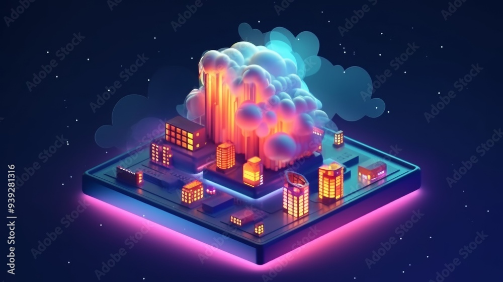 Poster Isometric cloud storage for downloading, representing a digital service or application facilitating data transmission. It embodies network computing technologies, showcasing a futuristic server