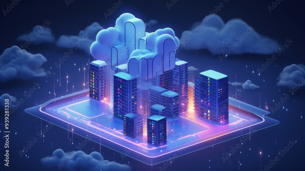 Poster Isometric cloud storage for downloading, representing a digital service or application facilitating data transmission. It embodies network computing technologies, showcasing a futuristic server