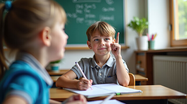 very well dressed child, first in class, who raises his finger to ask to speak	
