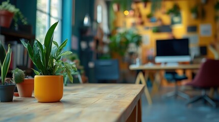 Fototapeta premium Yellow Potted Plant on a Wooden Desk