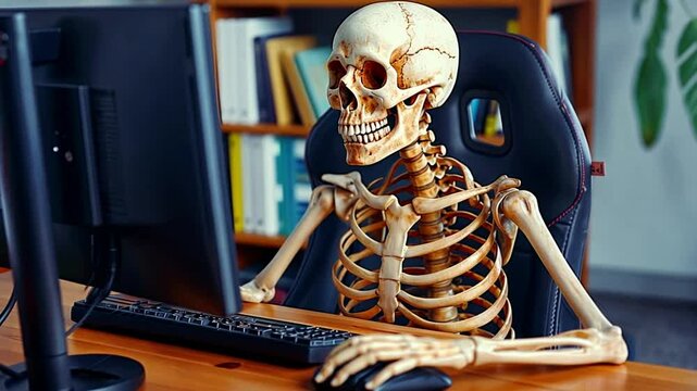 Job burnout. Skeleton sitting at table with laptop and calculator. Computer geek. Mental and physical exhaustion, fatigue, stress from work overload, deadlines. 4k video