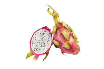 Whole and sliced dragon fruit PNG on isolated white background