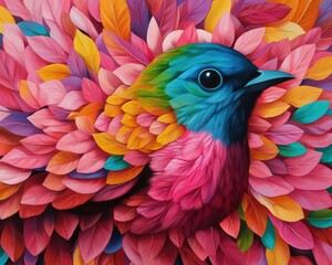 Obraz premium Vibrant bird among colorful leaves representing nature's vivid beauty and breathtaking artistry