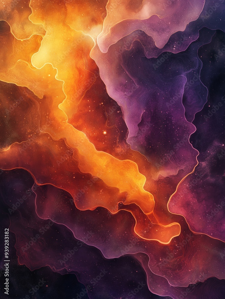 Poster Abstract art featuring a dynamic interplay of orange and purple hues, reminiscent of swirling galaxies.