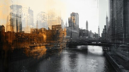 Obraz premium A stunning blend of vibrant hues and monochrome captures the essence of city life along the river, showcasing modern architecture.