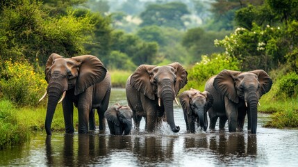 Elephant Family Crossing a River in the African Savanna