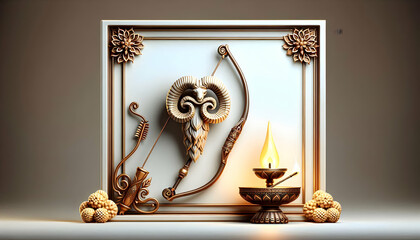 3D Rams Bow and Quiver with Diya Border concept as Vertical frame with Rams bow and quiver on one side and a lit diya on the other creating a balanced and traditional Dussehra themed copy space with a