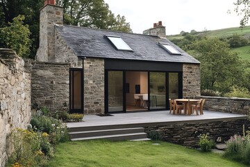 Beautiful modern house exterior with grass field Modern residential district