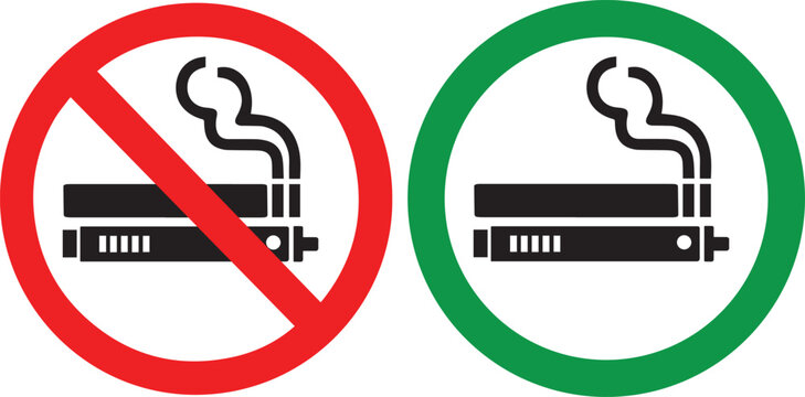No smoking no vaping and smoking area sign set. Forbidden sign icon isolated on white background vector illustration. Cigarette, vape in prohibition circle and green allowed area.