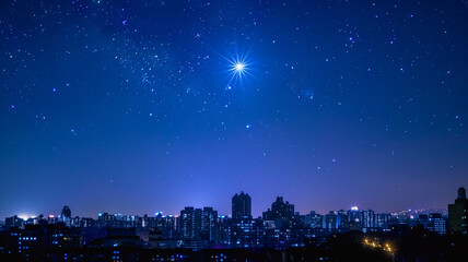 Fototapeta premium Fictioanl image of supernova explosion over the city sky at night