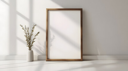 Delicate dried branches stand in a vase next to the frame, casting a shadow on the wall. 