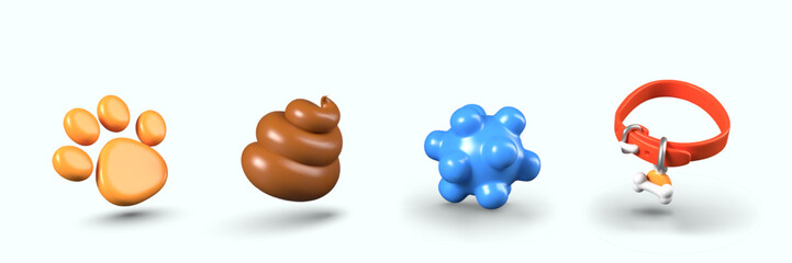 3D paw print, poop, massage ball, collar. Set of illustrations for veterinary concepts © ArtHub007