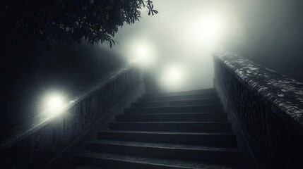 A mysterious staircase illuminated by ethereal lights, shrouded in fog, creating an atmosphere of intrigue and suspense.