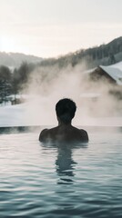 Obraz premium Relaxing in a steaming outdoor hot spring surrounded by snowy mountains at sunset