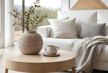 A cozy and minimalist living room with a wooden coffee table, a white sofa, and a decorative vase with branches on the table.