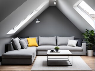 Gray attic living room interior with sofa. 3d rendering