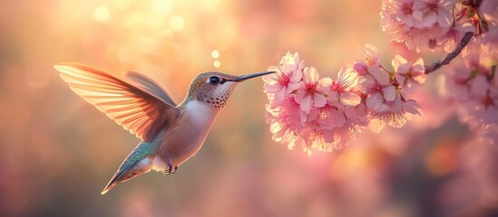 Naklejka premium Hummingbird in Flight, Gathering Nectar from Cherry Blossoms