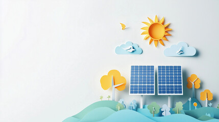 3d paper cut solar panels sun clouds green hills white background renewable energy concept eco-friendly sustainability clean power visual design advert sunny weather cute fun banner copy space