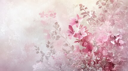A soft, dreamy floral background with pink flowers and delicate leaves.