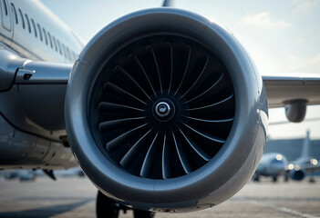 Close-up of a passenger plane&rsquo;s jet engine, highlighting its intricate details and components.






