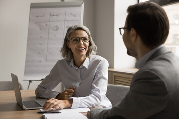 Fototapeta premium Happy mature woman negotiates with partner at conference table, lead pleasant business conversation, planning cooperation, working on task, selling company services to client during meeting in office