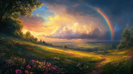 Naklejka premium Rainbow Over a Green Meadow After a Storm