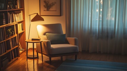 99. A stylish reading nook with a lounge chair, a side table, and a floor lamp