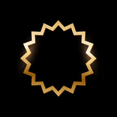 Golden multipoint star frame on black background. Gold stamp, button. Blank space for picture, painting, card. 3d realistic empty template vector illustration. Simple object mockup.