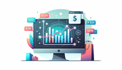 Flat Desktop Monitor with Holographic Sales Graph concept as Horizontal shot of a desktop monitor on a white background with a glowing holographic sales graph floating above the screen offering a tech