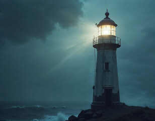 Naklejka premium Close-up of a lighthouse against a stormy sea, its beam cutting through mist and illuminating churning waters, with space for text.