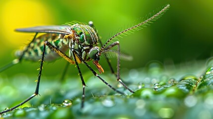 A close-up shot of a mosquito resting on a leaf.