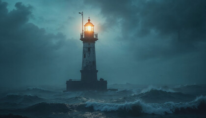 Fototapeta premium Close-up of a lighthouse against a stormy sea, its beam cutting through mist and illuminating churning waters, with space for text.
