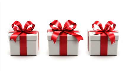 Obraz premium A neat row of three white gift boxes, each tied with a vibrant red ribbon bow, presenting a sense of celebration, generosity, and joy, perfect for any festive occasion.