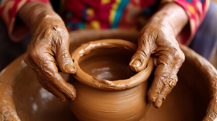 An elderly person's hands expertly shaping a clay pot on a pottery wheel, showcasing the intricate and refined skill involved in pottery making and craftsmanship.