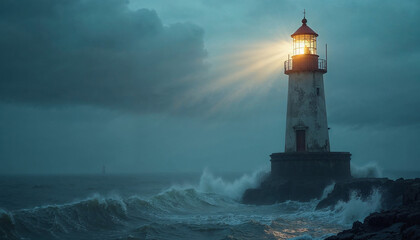 Naklejka premium Close-up of a lighthouse against a stormy sea, its beam cutting through mist and illuminating churning waters, with space for text.