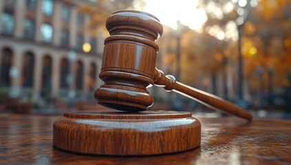 A wooden gavel rests on a block of wood. It symbolizes justice, law, and authority.