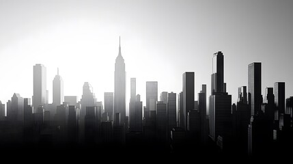 Fototapeta premium Black and white cityscape, iconic skyscrapers, dramatic shadows, clear sky, timeless and classic, photorealistic rendering, high-resolution detail, urban elegance, serene and peaceful.