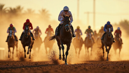 A horse race portrait from the starting gate shows the lead horse bursting out, dirt flying, and jockeys in focus, conveying excitement.	
