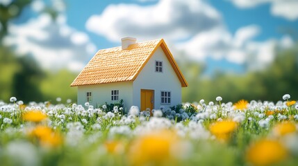 blue sky, fluffy white clouds, miniature house with yellow roof, vast green meadow, dandelion field, spring countryside, idyllic landscape, tilt-shift effect, depth of field, soft lighting.